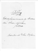 Correspondência de entidades do Arsenal das Obras Militares para o barão de Vilar Torpim e para o visconde de Bobeda sobre promoção de pessoal, presídios, louvores, vencimentos, contabilidade, oficiais caserneiros, requerimentos, hospitais militares, obras e sobre relações.