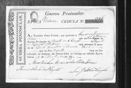 Cédulas de crédito sobre o pagamento dos oficiais e praças do Regimento de Infantaria 1, durante a época de Vitória, na Guerra Peninsular.