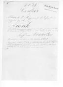 Processo do alferes August Frank, do extinto 2º Regimento de Infantaria Ligeira da Rainha sobre ajustamento de contas por ter servido no Exército Libertador, relações e título de crédito emitidos pela Comissão da Liquidação das Contas dos Oficiais Estrangeiros, confirmando o pagamento de vencimentos.

