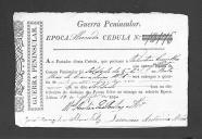 Cédulas de crédito sobre o pagamento das praças, da 5ª Companhia, do Batalhão de Caçadores 1, durante a época de Almeida na Guerra Peninsular.