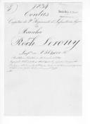 Processo do capitão Roch Lerony, do extinto 2º Regimento de Infantaria Ligeira da Rainha sobre ajustamento de contas por ter servido no Exército Libertador, relações e título de crédito emitidos pela Comissão da Liquidação das Contas dos Oficiais Estrangeiros, confirmando o pagamento de vencimentos.

