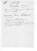 Processo do alferes François Van Mellaert, do extinto 2º Regimento de Infantaria Ligeira da Rainha sobre ajustamento de contas por ter servido no Exército Libertador, relações e título de crédito emitidos pela Comissão da Liquidação das Contas dos Oficiais Estrangeiros, confirmando o pagamento de vencimentos.

