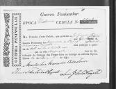 Cédulas de crédito sobre o pagamento das praças e cornetas do Batalhão de Caçadores 4, durante a época de Vitória na Guerra Peninsular.