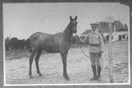 Tratador com cavalo de cor escura, identificado com o número 57.