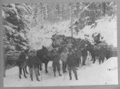 Militares com cavalos a transportarem material em cenário de neve.