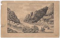 Tropas atravessando o rio Tejo, a cavalo e de barco, durante a Guerra Peninsular